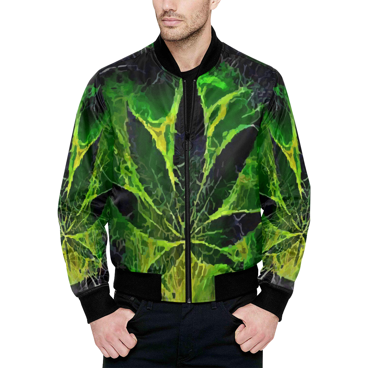 Acid Leaf Black All Over Print Quilted Bomber Jacket for Men (Model H33)