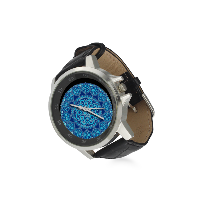 mandala azul chakra visudda:ayuda aclarar los sentimientos facilita la comunicación, Unisex Stainless Steel Leather Strap Watch(Model 202)