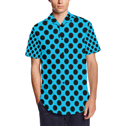 Black Polka Dots on Blue Men's Short Sleeve Shirt with Lapel Collar (Model T54)