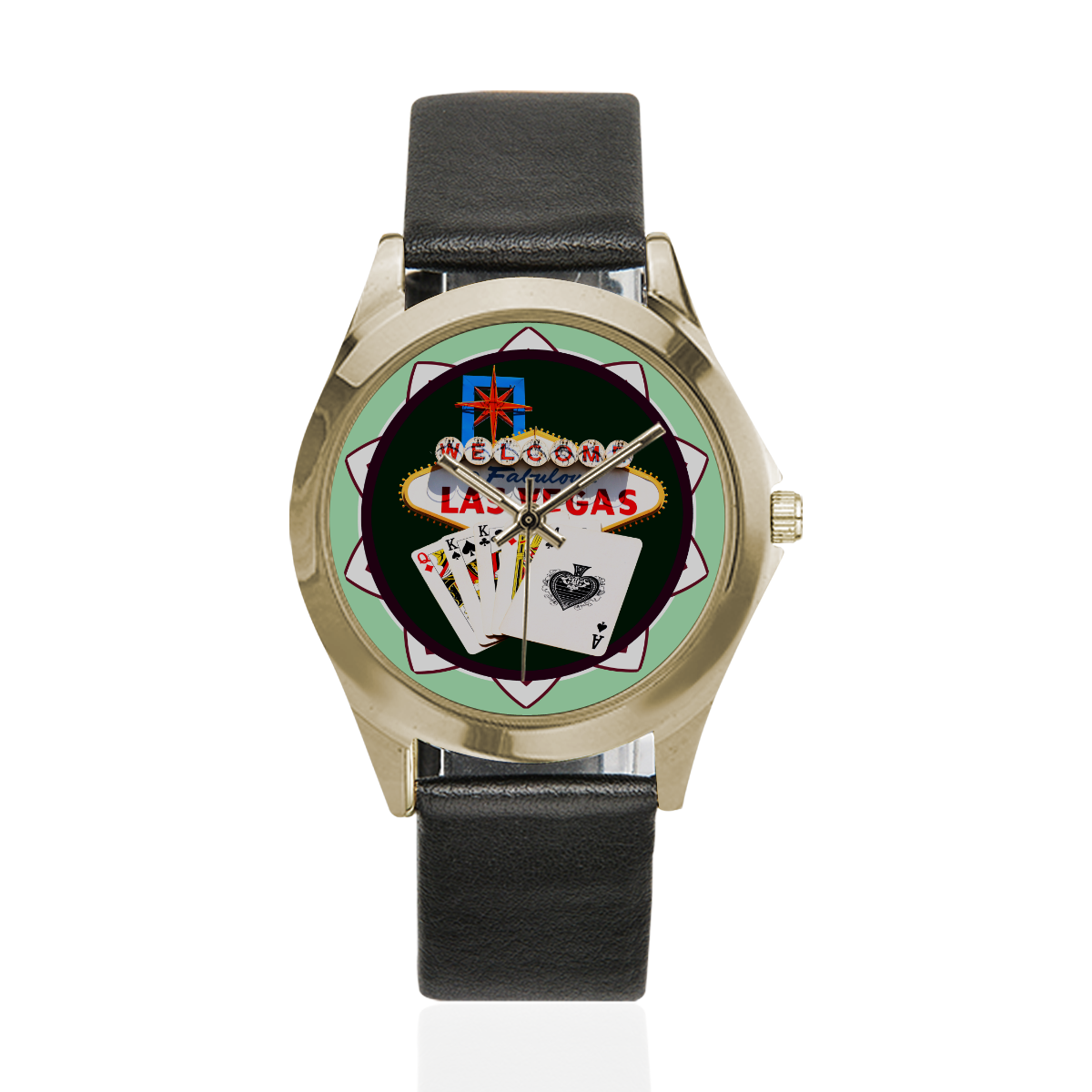 LasVegasIcons Poker Chip - Poker Hand Unisex Silver-Tone Round Leather Watch (Model 216)