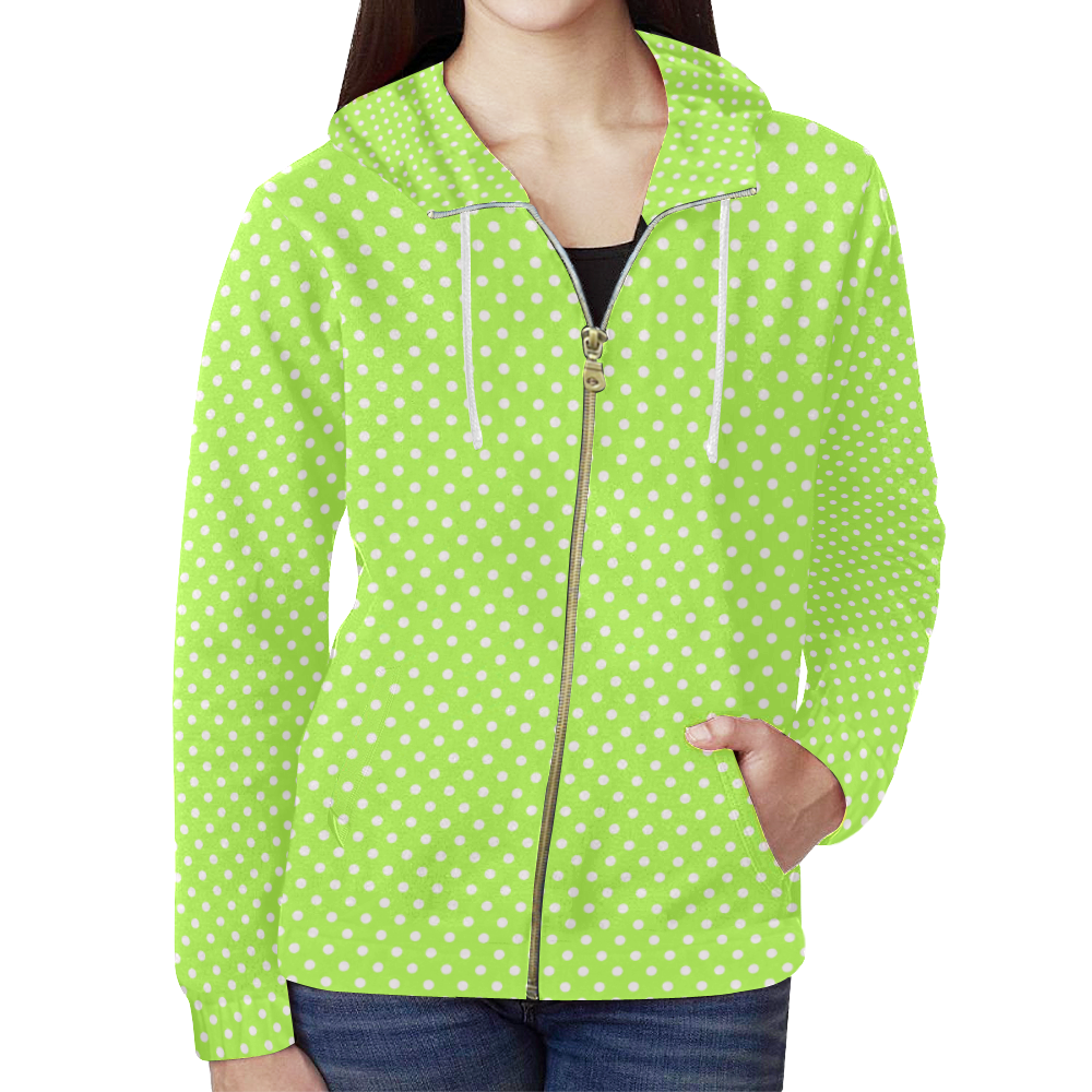 Mint green polka dots All Over Print Full Zip Hoodie for Women (Model H14)