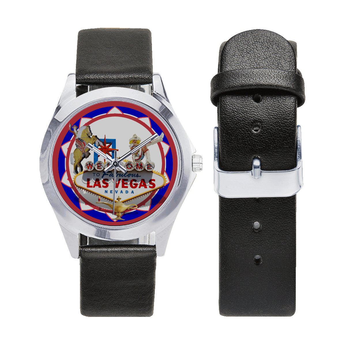 LasVegasIcons Poker Chip - Vegas Sign Unisex Silver-Tone Round Leather Watch (Model 216)