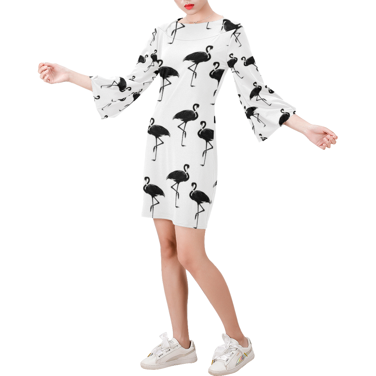 Flamingos Pattern Black and White Bell Sleeve Dress (Model D52)