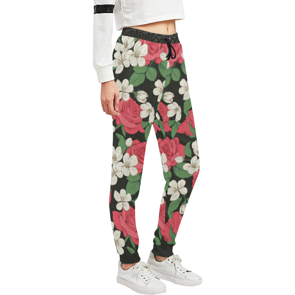 Pink, White and Black Floral Unisex All Over Print Sweatpants (Model L11)
