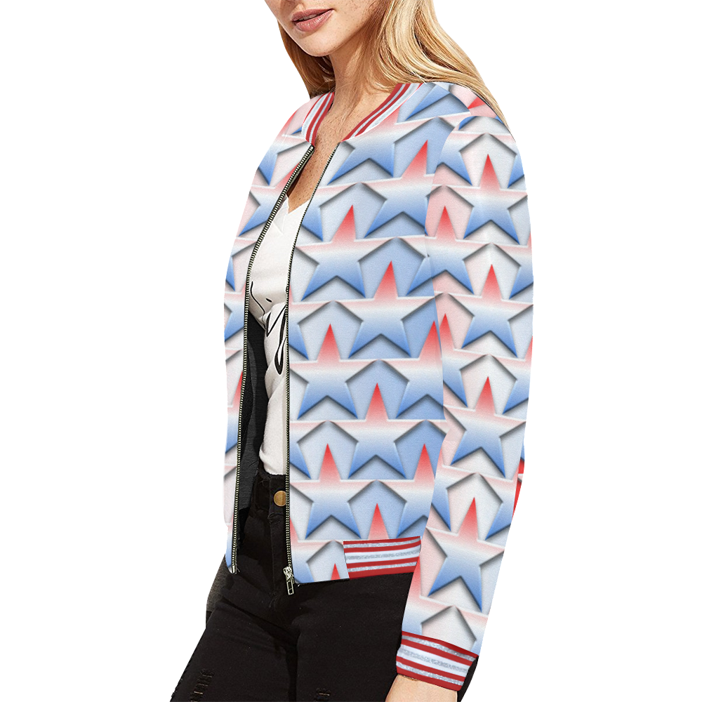 USA Stars All Over Print Bomber Jacket for Women (Model H21)