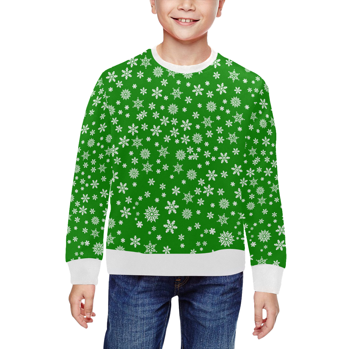 Christmas White Snowflakes on Green All Over Print Crewneck Sweatshirt for Kids (Model H29)