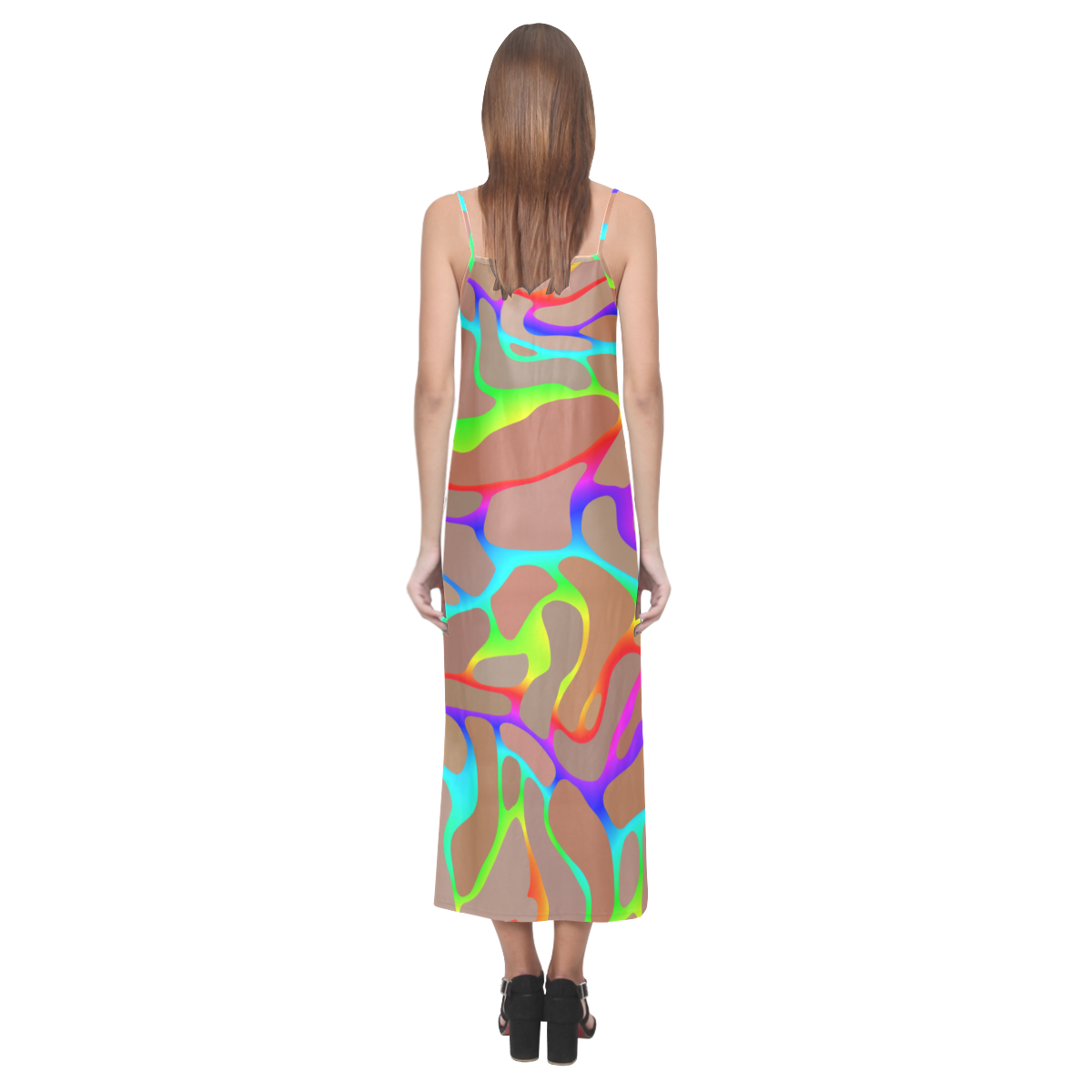 Colorful wavy shapes V-Neck Open Fork Long Dress(Model D18)