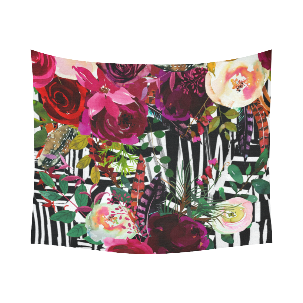 Floral On Zebra Cotton Linen Wall Tapestry 60"x 51"