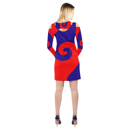 Red and Blue Curlicue Swirls Cold Shoulder Long Sleeve Dress (Model D37)