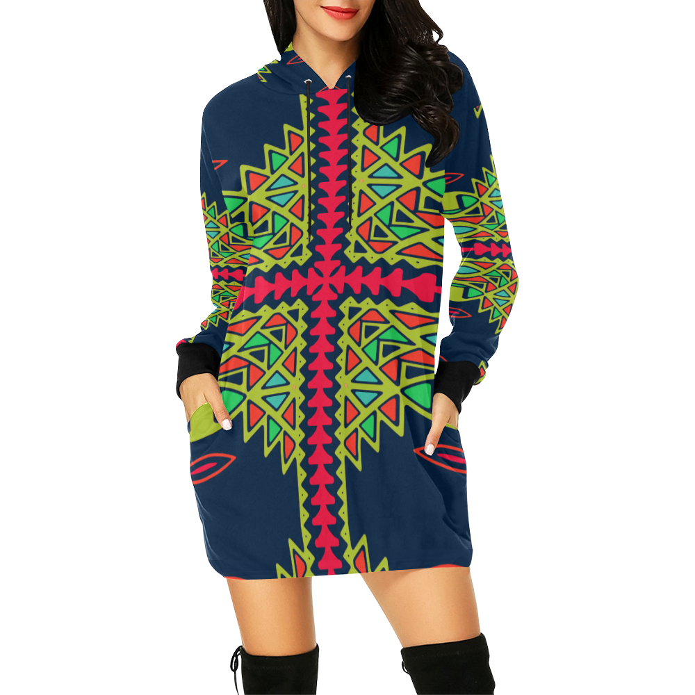 Distorted shapes on a blue background All Over Print Hoodie Mini Dress (Model H27)