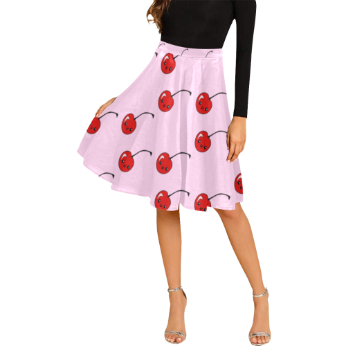 kawaii cherries red pattern Melete Pleated Midi Skirt (Model D15)