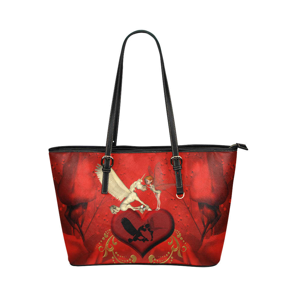 Cute fairy with pegasus Leather Tote Bag/Small (Model 1651)