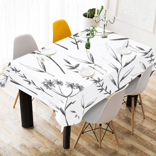 black white flowers Cotton Linen Tablecloth 60" x 90"
