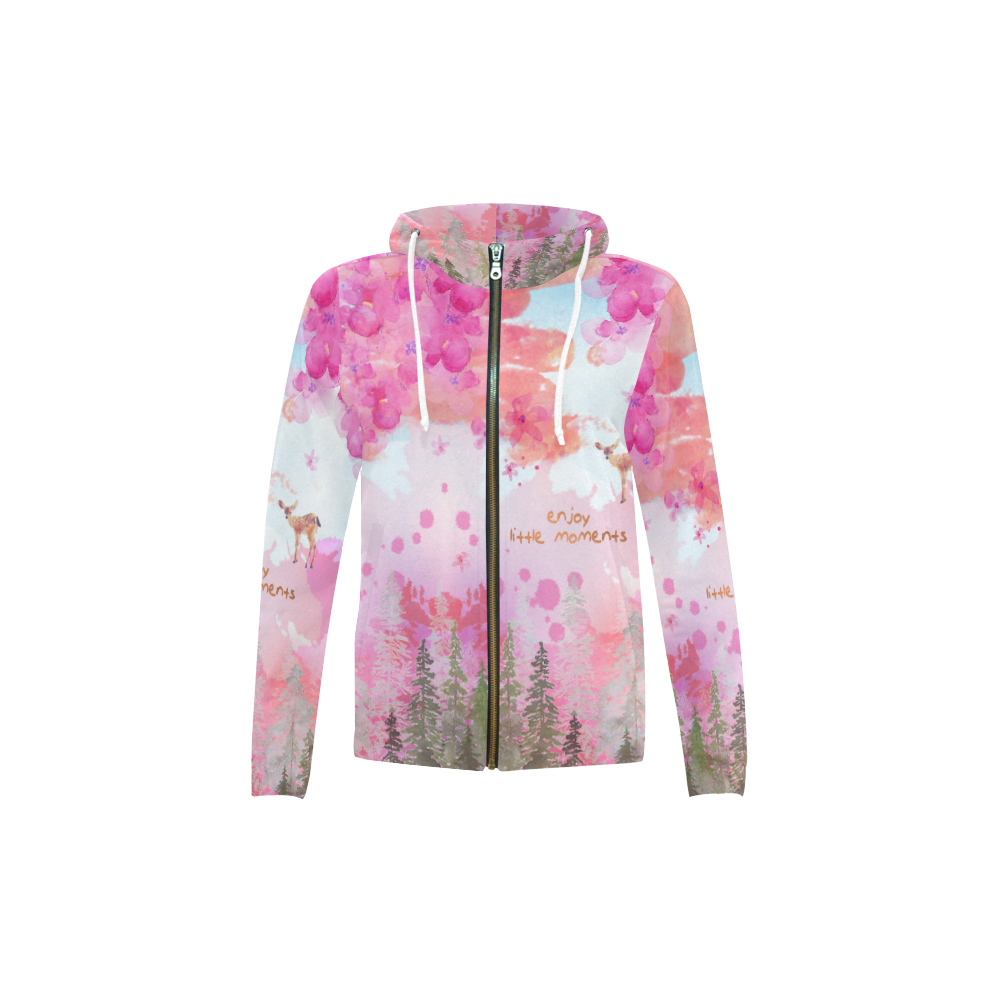 Little Deer in the Magic Pink Forest All Over Print Full Zip Hoodie for Kid (Model H14)