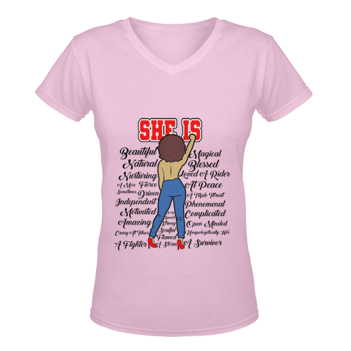 She Is Light Pink Women's Deep V-neck T-shirt (Model T19)