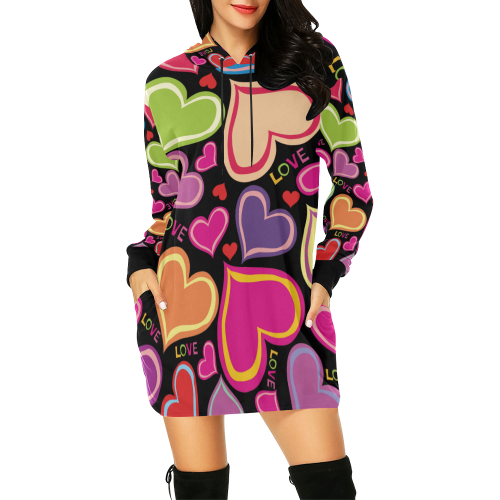 Cute Hearts LOVE BLACK All Over Print Hoodie Mini Dress (Model H27)