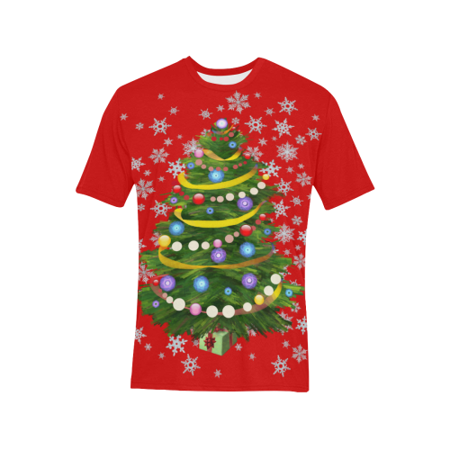Snowflakes and Christmas Tree with Gift on red Men's All Over Print T-Shirt (Solid Color Neck) (Model T63)