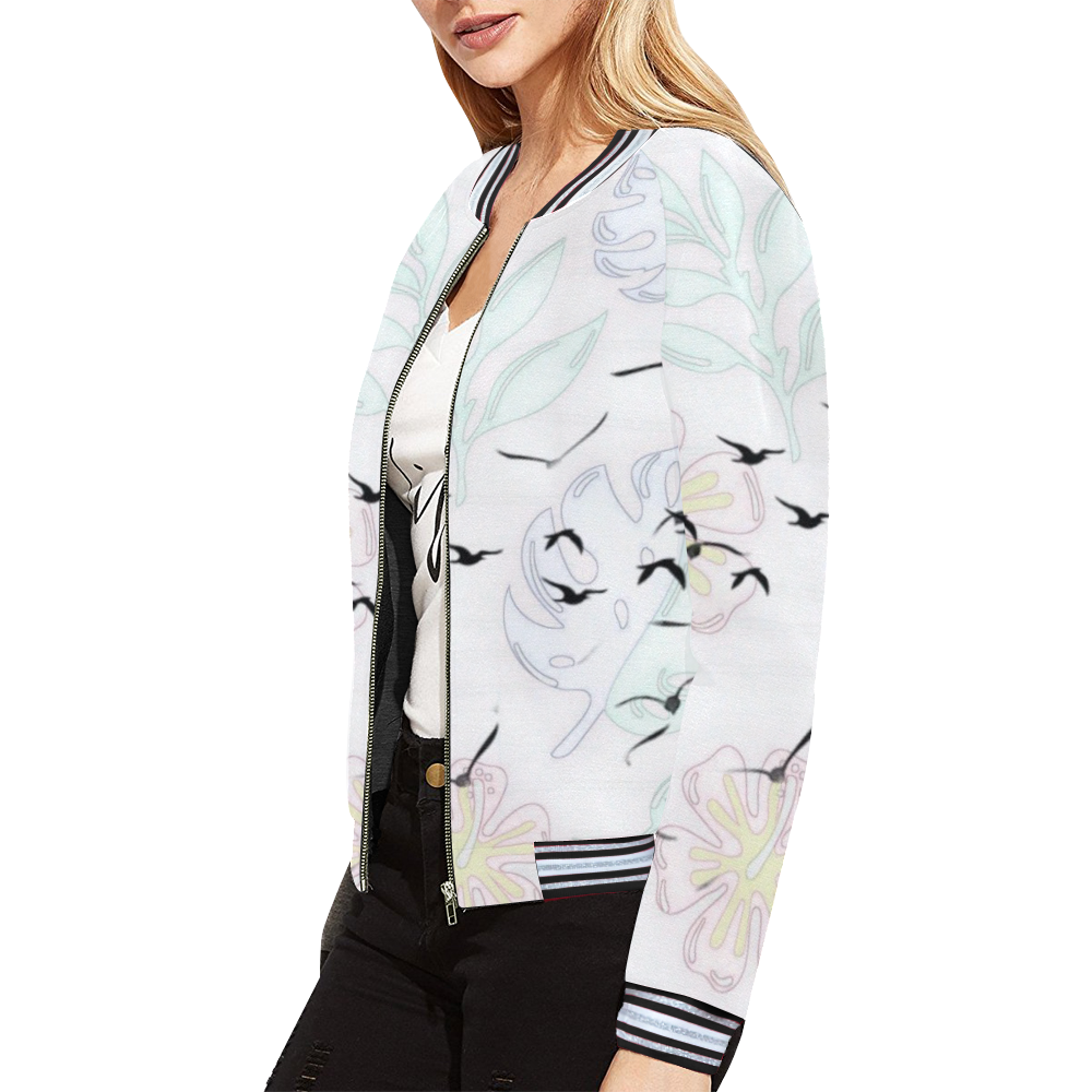 trendy birds pastel floral by JamColors All Over Print Bomber Jacket for Women (Model H21)