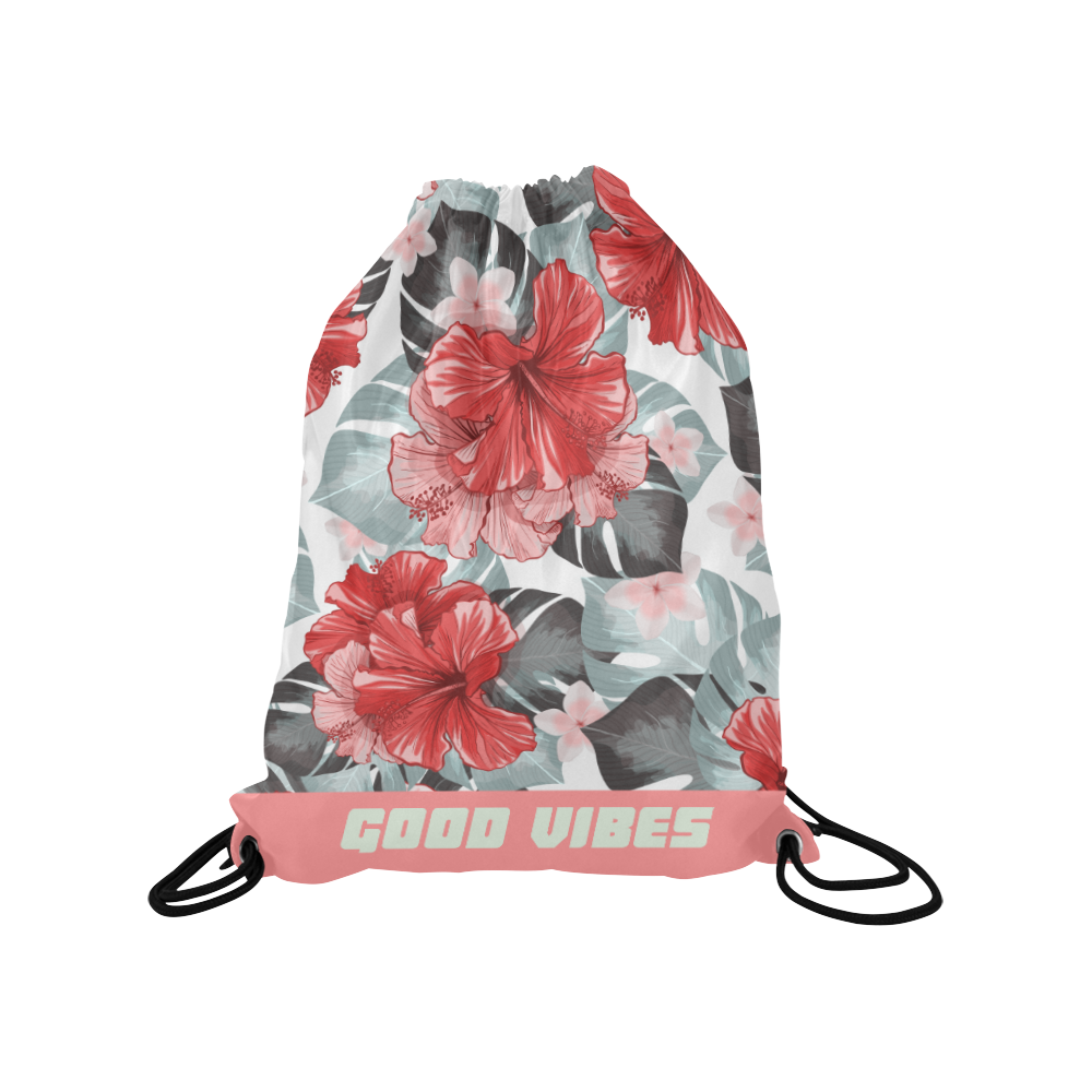 Juliette tropical leaves and hibiscus Medium Drawstring Bag Model 1604 (Twin Sides) 13.8"(W) * 18.1"(H)