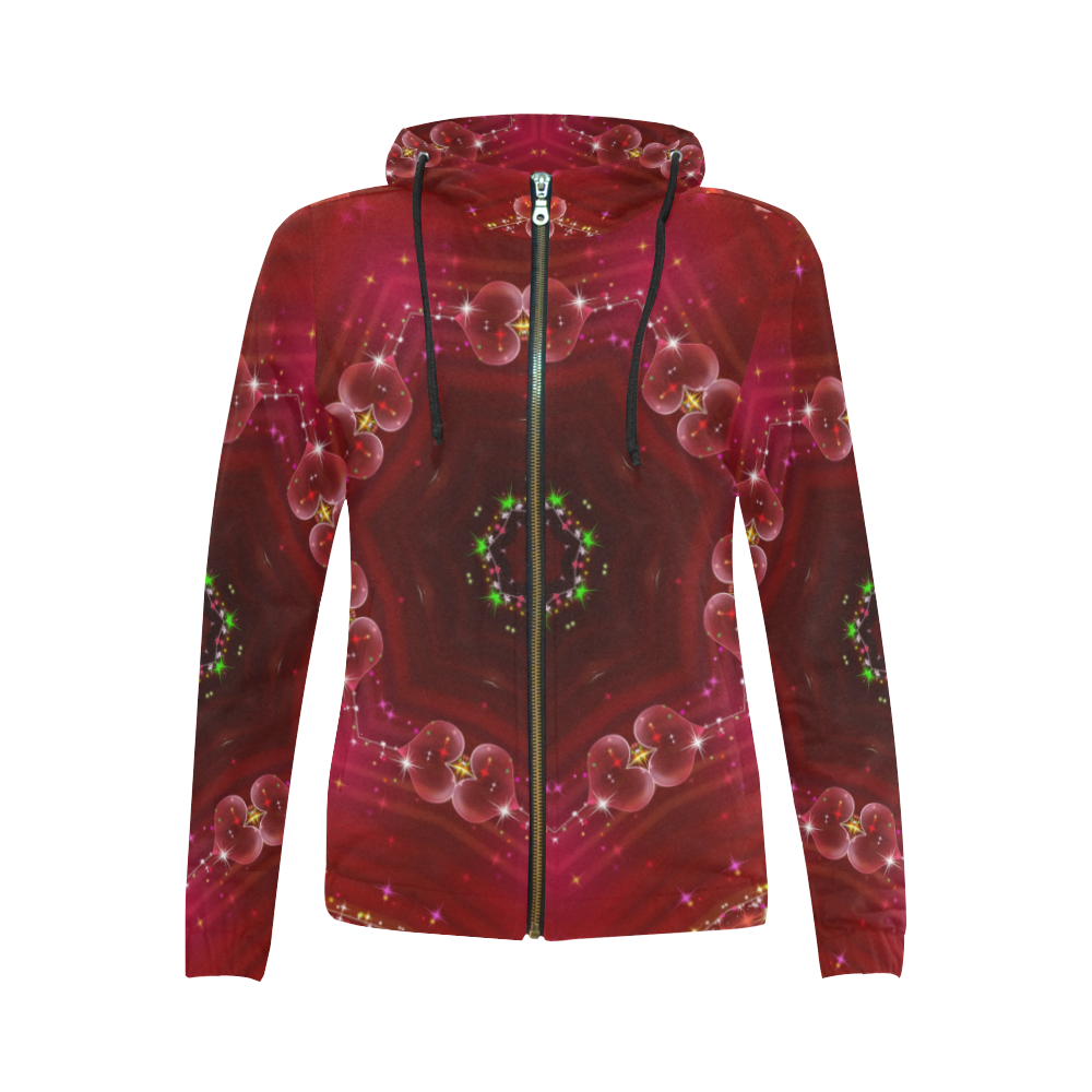 Love and Romance Glittering Ruby and Diamond Heart All Over Print Full Zip Hoodie for Women (Model H14)