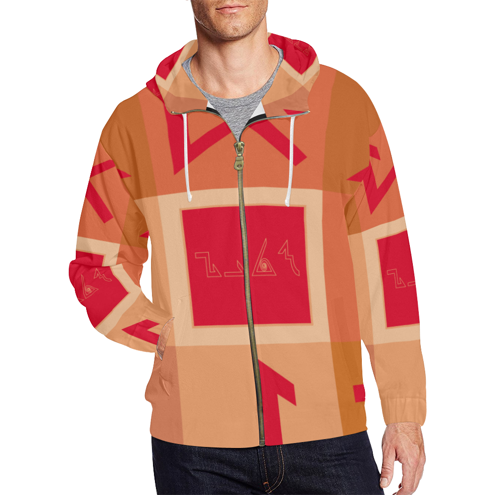 Patern 35 Red And Brown All Over Print Full Zip Hoodie for Men (Model H14)