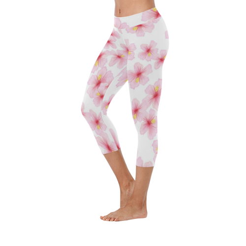 Pink Flowers Women's Low Rise Capri Leggings (Invisible Stitch) (Model L08)