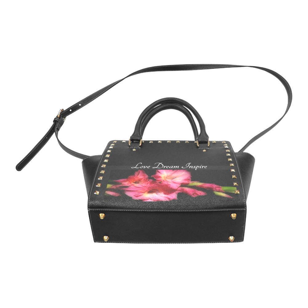 Black: Pink Gladiolus #LoveDreamInspireCo Rivet Shoulder Handbag (Model 1645)