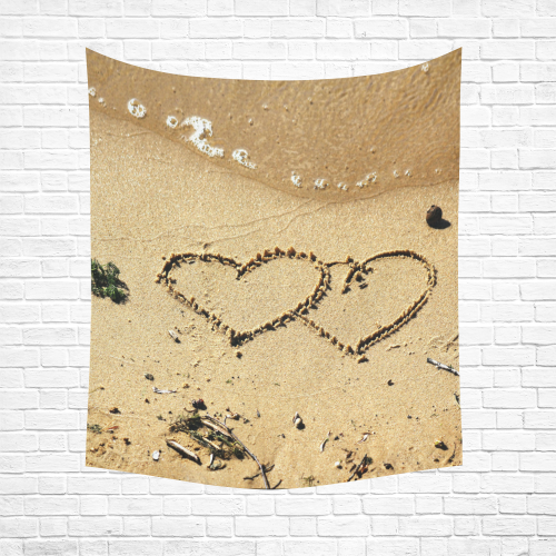 Hearts Written In Sand Cotton Linen Wall Tapestry 51"x 60"