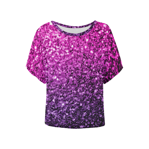 Beautiful Purple Pink Ombre glitter sparkles Women's Batwing-Sleeved Blouse T shirt (Model T44)