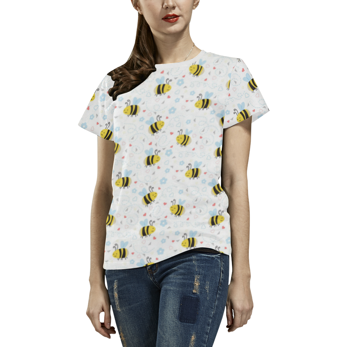 Cute Bee Pattern All Over Print T-shirt for Women/Large Size (USA Size) (Model T40)