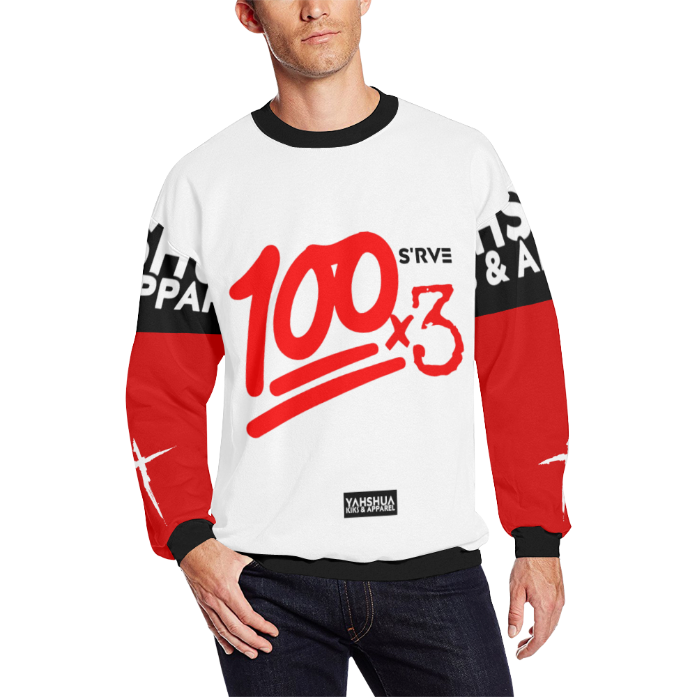 100x3 (White Red) Men's Oversized Fleece Crew Sweatshirt (Model H18)
