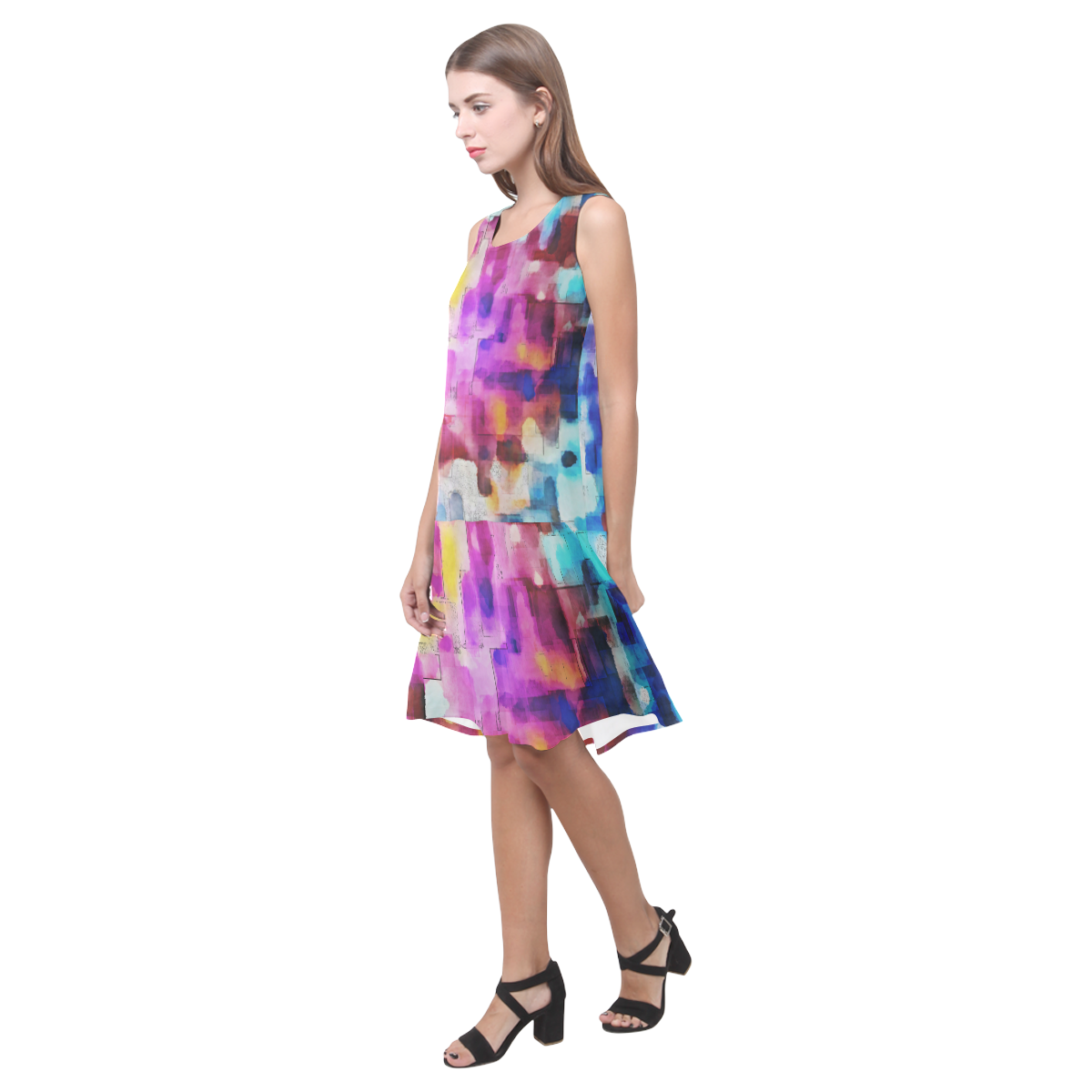 Blue pink watercolors Sleeveless Splicing Shift Dress(Model D17)
