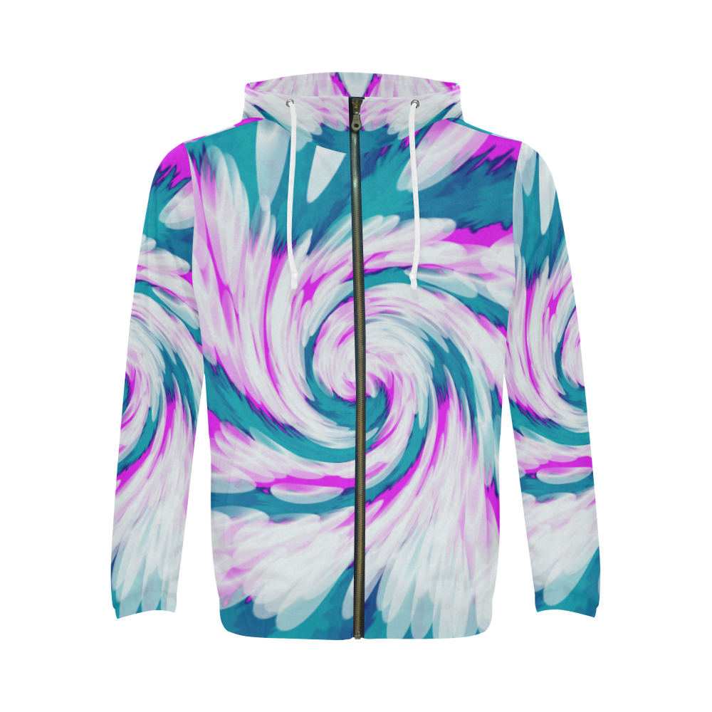Turquoise Pink Tie Dye Swirl Abstract All Over Print Full Zip Hoodie for Men (Model H14)