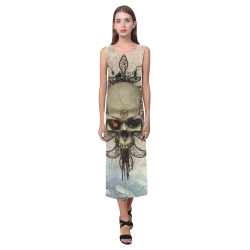 Creepy skull, vintage background Phaedra Sleeveless Open Fork Long Dress (Model D08)