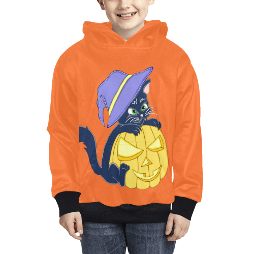 Cute Halloween Black Cat Witches Hat Orange Kids' All Over Print Hoodie (Model H38)