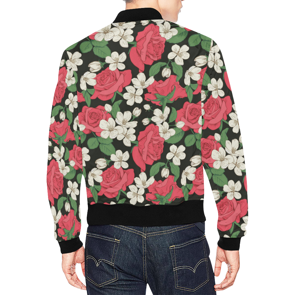 Pink, White and Black Floral All Over Print Bomber Jacket for Men (Model H19)