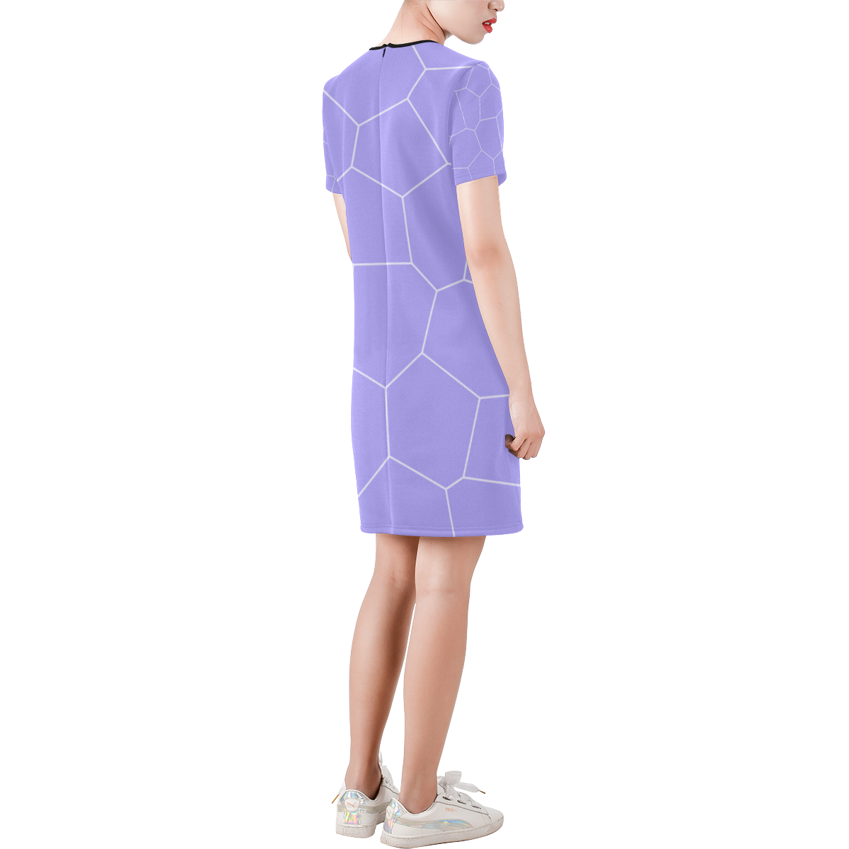 Abstract geometric pattern - purple. Short-Sleeve Round Neck A-Line Dress (Model D47)