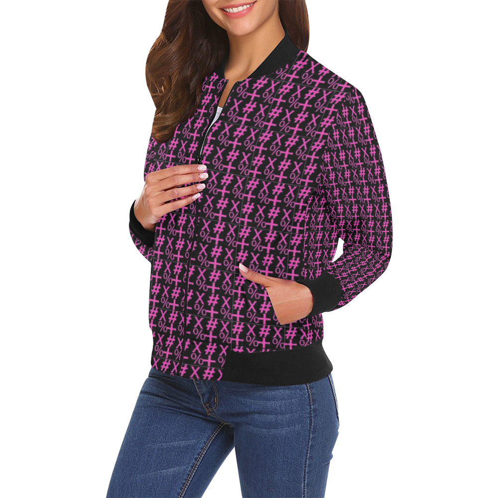 NUMBERS Collection Symbols Pink/Black All Over Print Bomber Jacket for Women (Model H19)