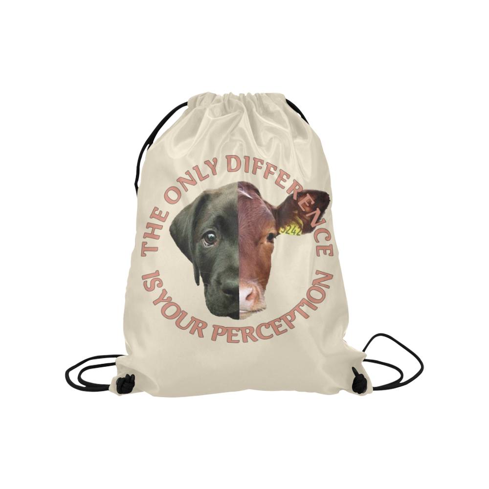 Vegan Cow and Dog Design with Slogan Medium Drawstring Bag Model 1604 (Twin Sides) 13.8"(W) * 18.1"(H)