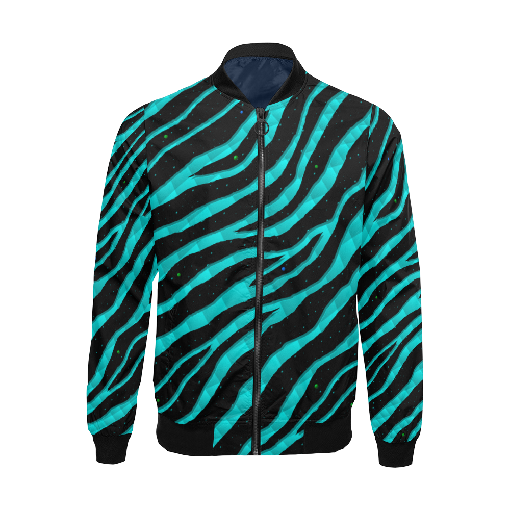 Ripped SpaceTime Stripes - Cyan All Over Print Bomber Jacket for Men (Model H19)