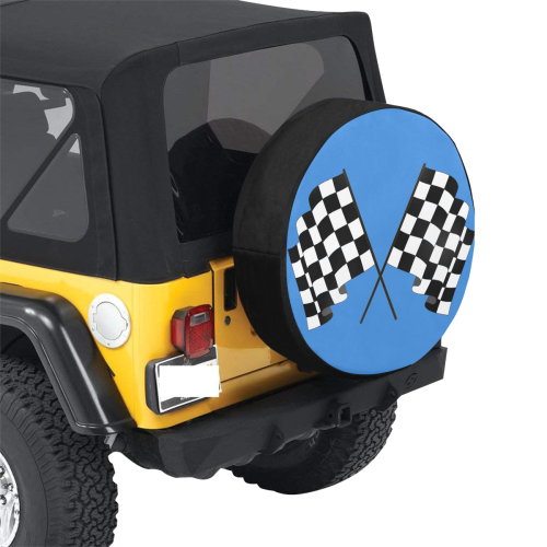 Checkered Race Flags on Black and Blue 30 Inch Spare Tire Cover