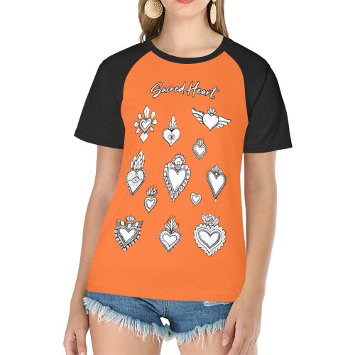 SACRED HEART - EX VOTO - Black and White Women's Raglan T-Shirt/Front Printing (Model T62)