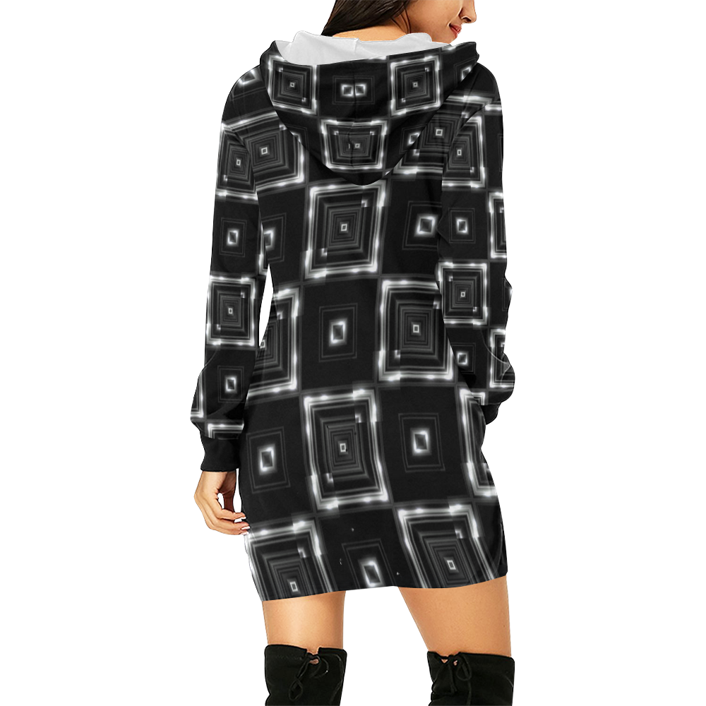 LIT Checkered (Black/White) All Over Print Hoodie Mini Dress (Model H27)