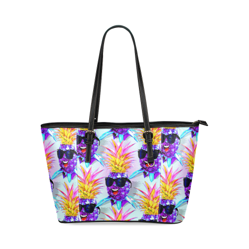 Pineapple Ultraviolet Happy Dude with Sunglasses Leather Tote Bag/Large (Model 1640)