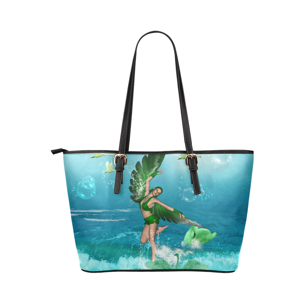 The fairy of birds Leather Tote Bag/Large (Model 1651)