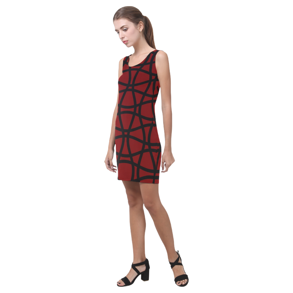 Crimson and black pattern Medea Vest Dress (Model D06)