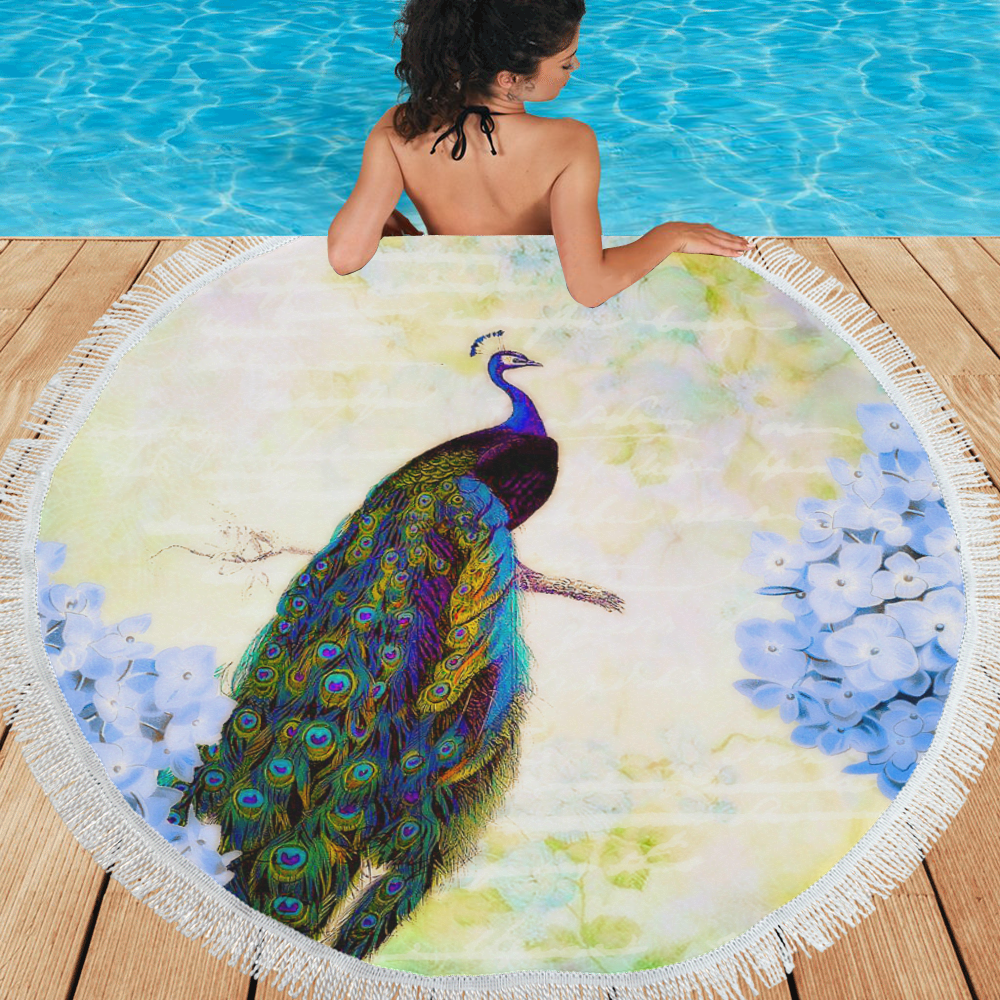 blue peacock and hydrangea Circular Beach Shawl 59"x 59"