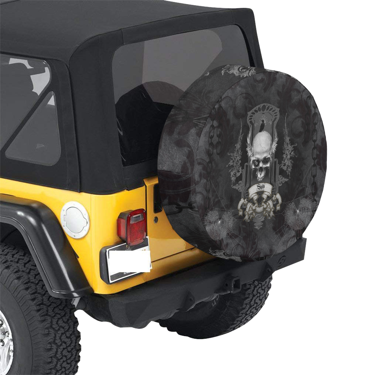 Skull with crow in black and white 32 Inch Spare Tire Cover