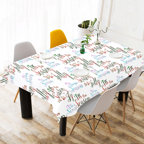 Christmas 'Tis The Season Pattern on White Cotton Linen Tablecloth 60"x120"