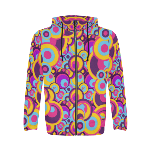 Retro Circles Groovy Violet, Yellow, Blue Colors All Over Print Full Zip Hoodie for Men (Model H14)